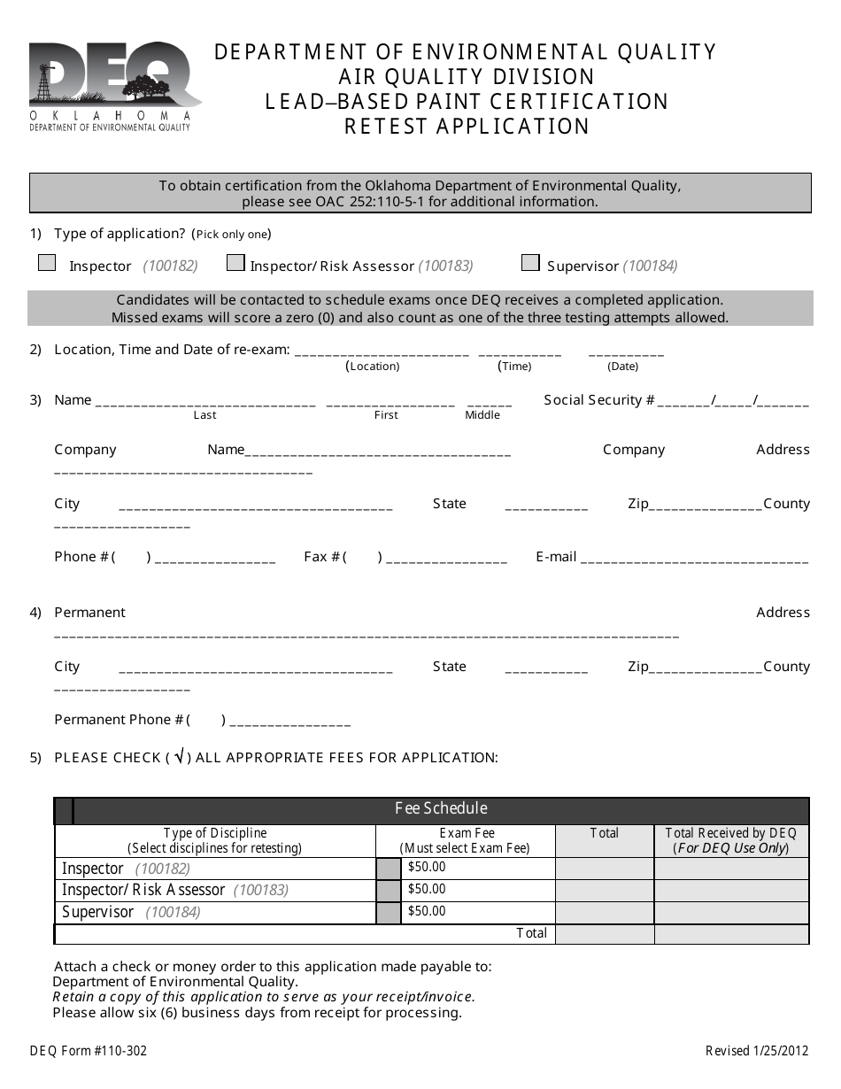 DEQ Form 110-302 Leadbased Paint Certification Retest Application - Oklahoma, Page 1