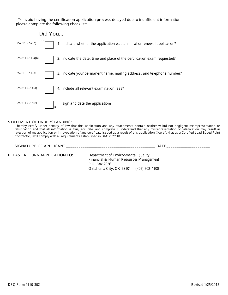 DEQ Form 110-302 Leadbased Paint Certification Retest Application - Oklahoma, Page 2