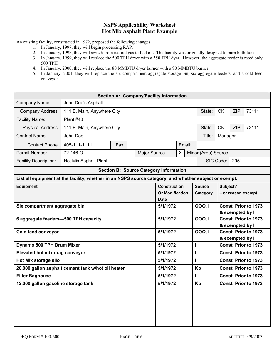 DEQ Form 100-600 Nsps Applicability Worksheet - Oklahoma, Page 1