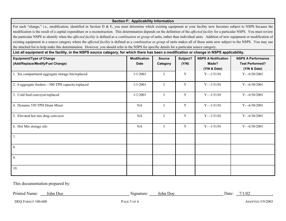 DEQ Form 100-600 Nsps Applicability Worksheet - Oklahoma, Page 5