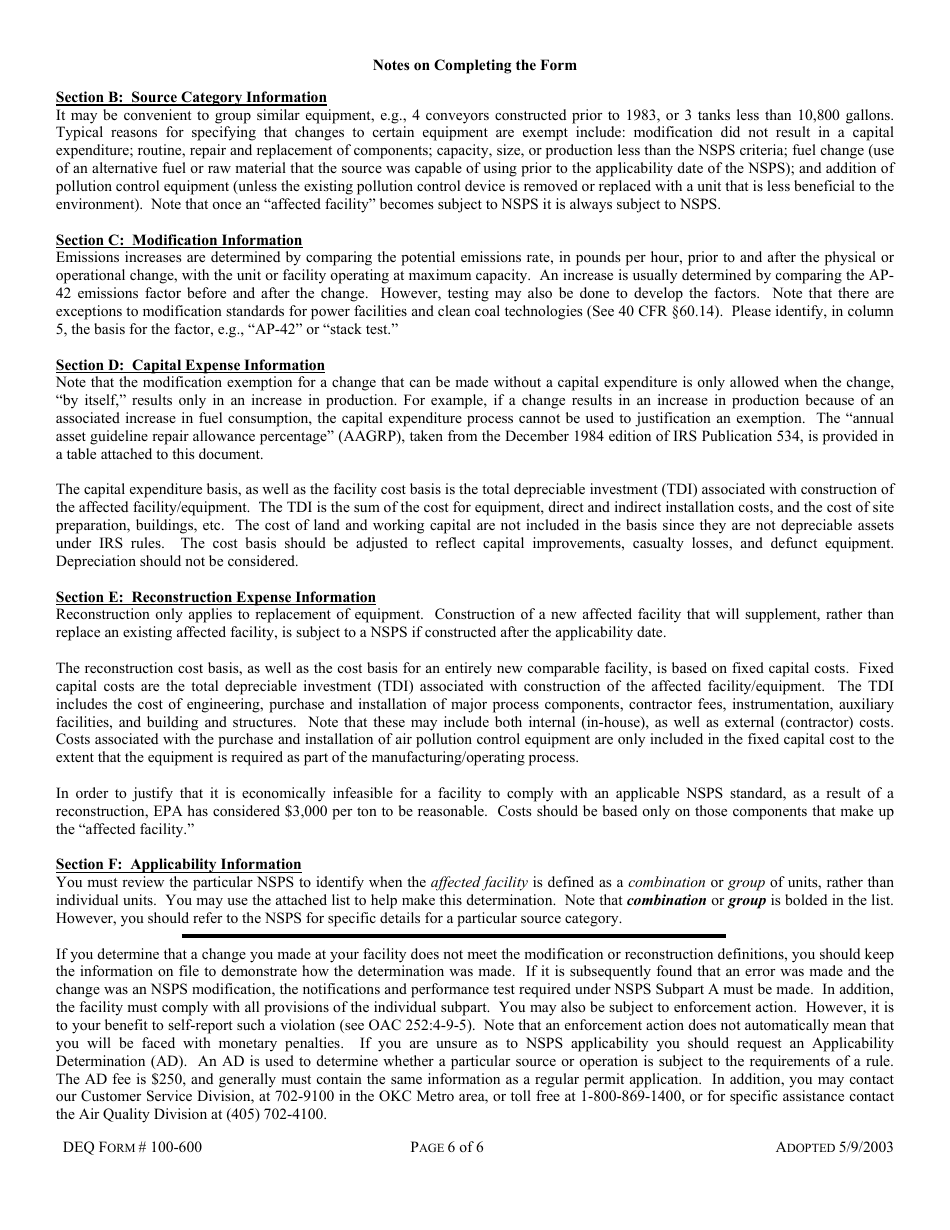 DEQ Form 100-600 Nsps Applicability Worksheet - Oklahoma, Page 6
