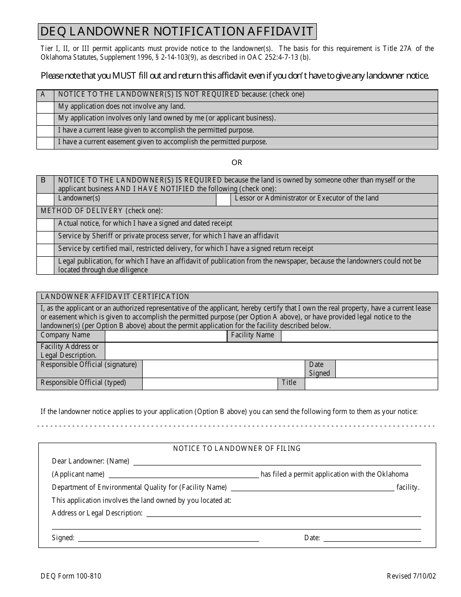 DEQ Form 100-810 DEQ Landowner Notification Affidavit - Oklahoma, Page 1