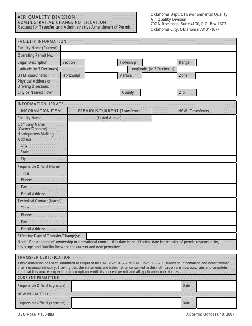 DEQ Form 100-883 Request for Transfer and Administrative Amendment of Permit - Oklahoma