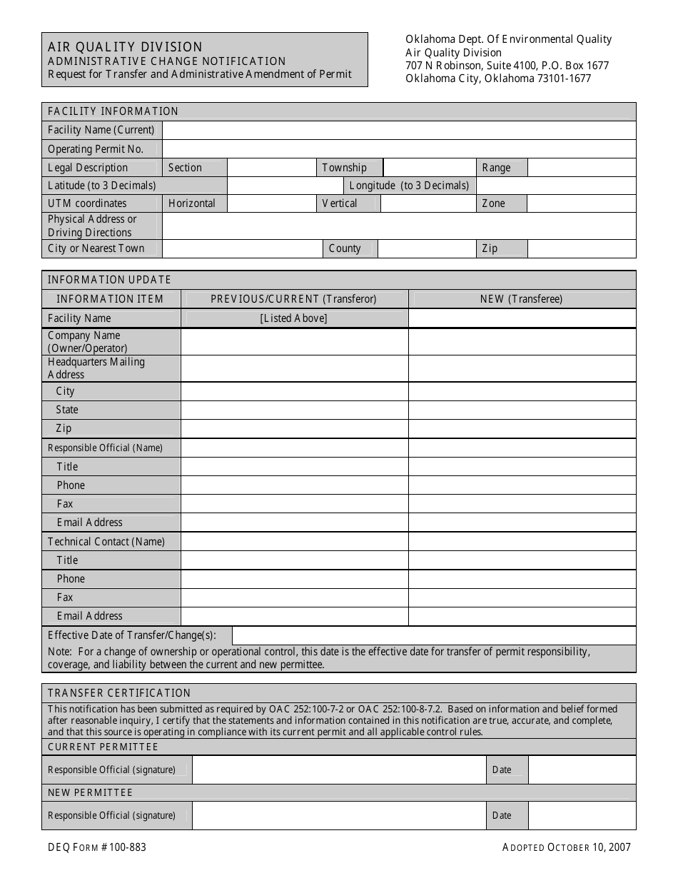 DEQ Form 100-883 Request for Transfer and Administrative Amendment of Permit - Oklahoma, Page 1