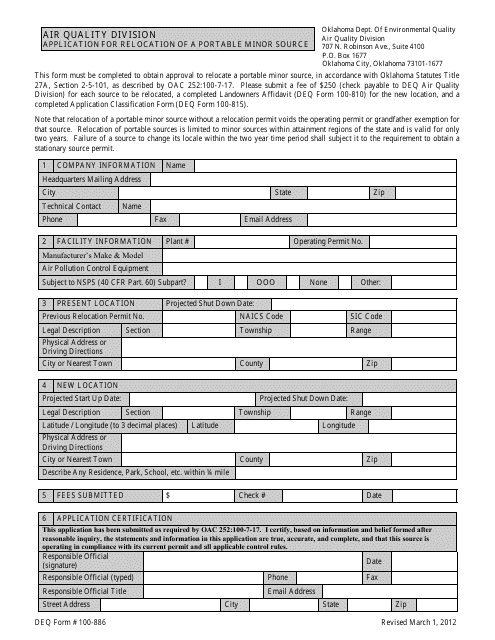 DEQ Form 100-886 Application for Relocation of a Portable Minor Source - Oklahoma