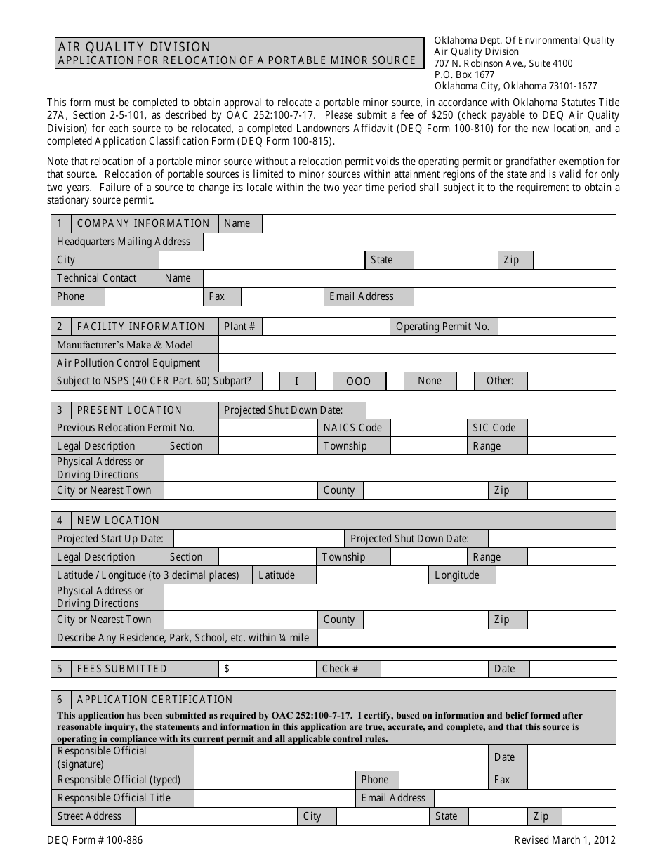 DEQ Form 100-886 Application for Relocation of a Portable Minor Source - Oklahoma, Page 1