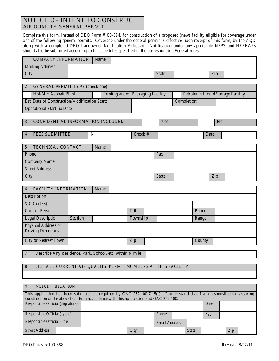 DEQ Form 100-888 Notice of Intent to Construct - Oklahoma, Page 1