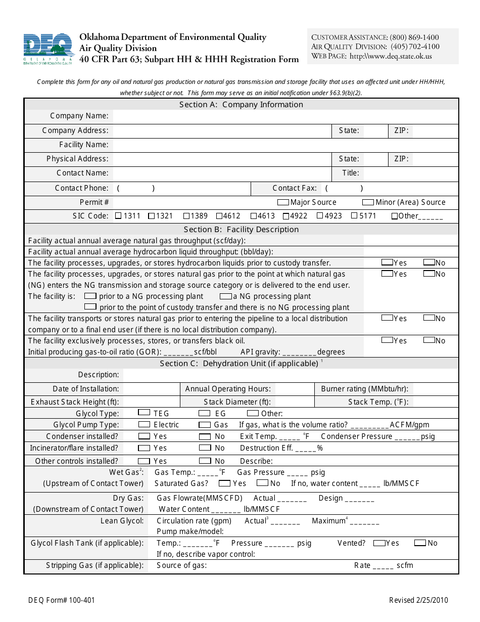 DEQ Form 100-401 40cfr Part 63; Subpart Hh hhh Registration Form - Oklahoma, Page 1