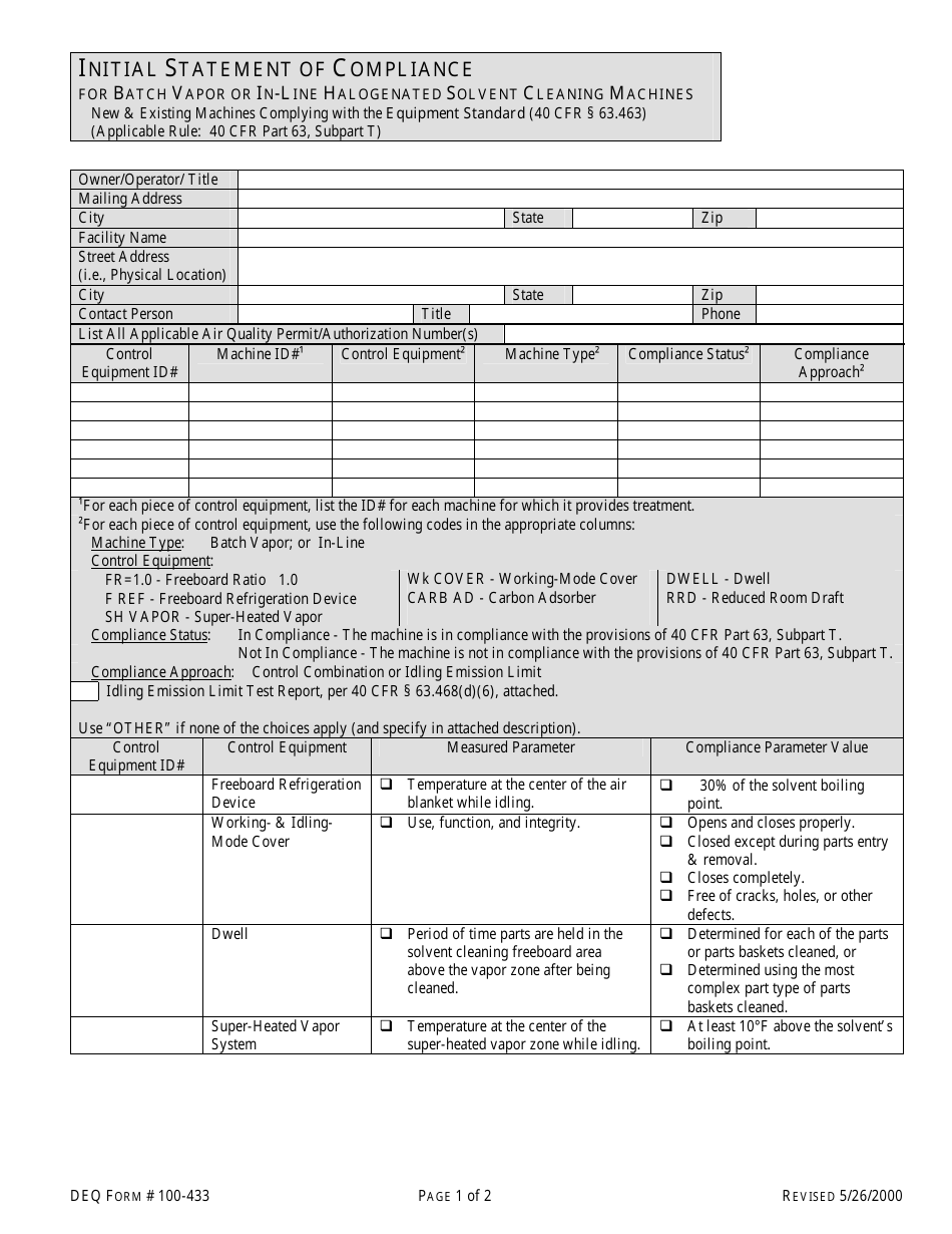 DEQ Form 100-433 Initial Statement of Compliance for Batch Vapor or in-Line Halogenated Solvent Cleaning Machines - Oklahoma, Page 1