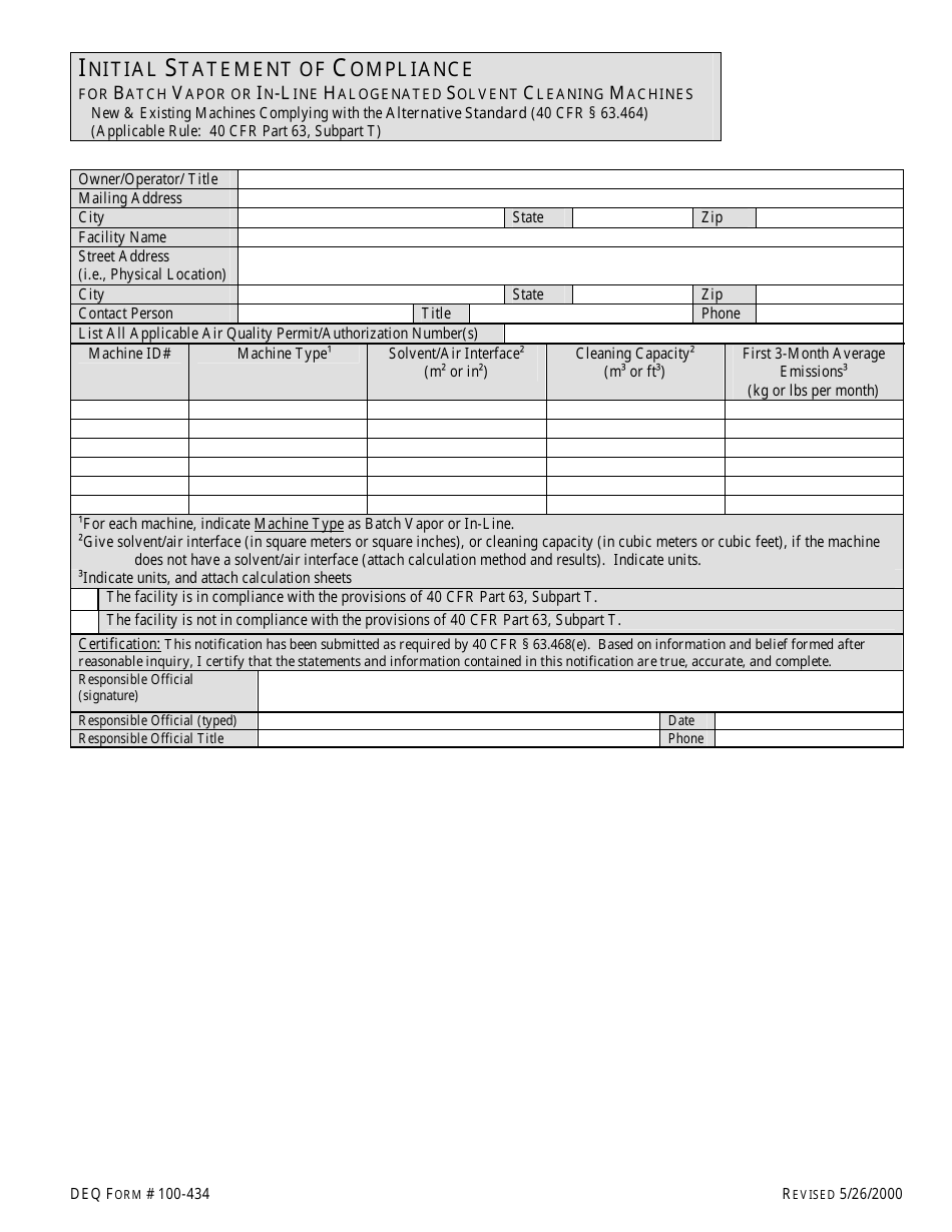 DEQ Form 100-434 Initial Statement of Compliance for Batch Vapor or in-Line Halogenated Solvent Cleaning Machines - Oklahoma, Page 1