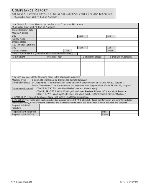 DEQ Form 100-432 Compliance Report for New &amp; Existing Batch Cold Halogenated Solvent Cleaning Machines - Oklahoma