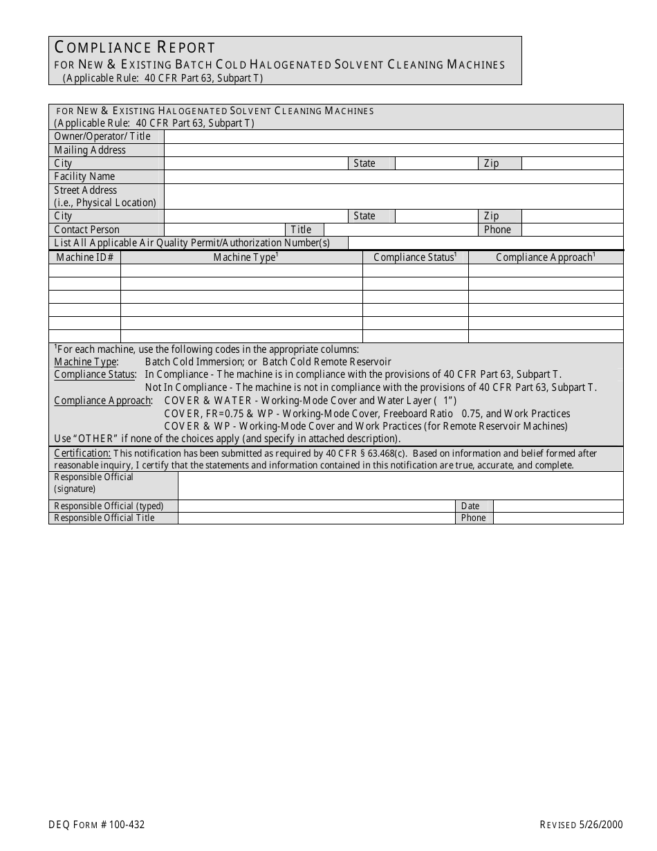 DEQ Form 100-432 Compliance Report for New  Existing Batch Cold Halogenated Solvent Cleaning Machines - Oklahoma, Page 1