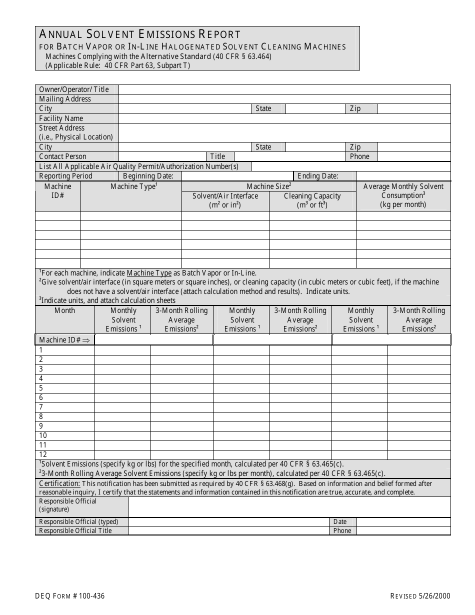 DEQ Form 100-436 Annual Solvent Emissions Report for Batch Vapor or in-Line Halogenated Solvent Cleaning Machines - Oklahoma, Page 1