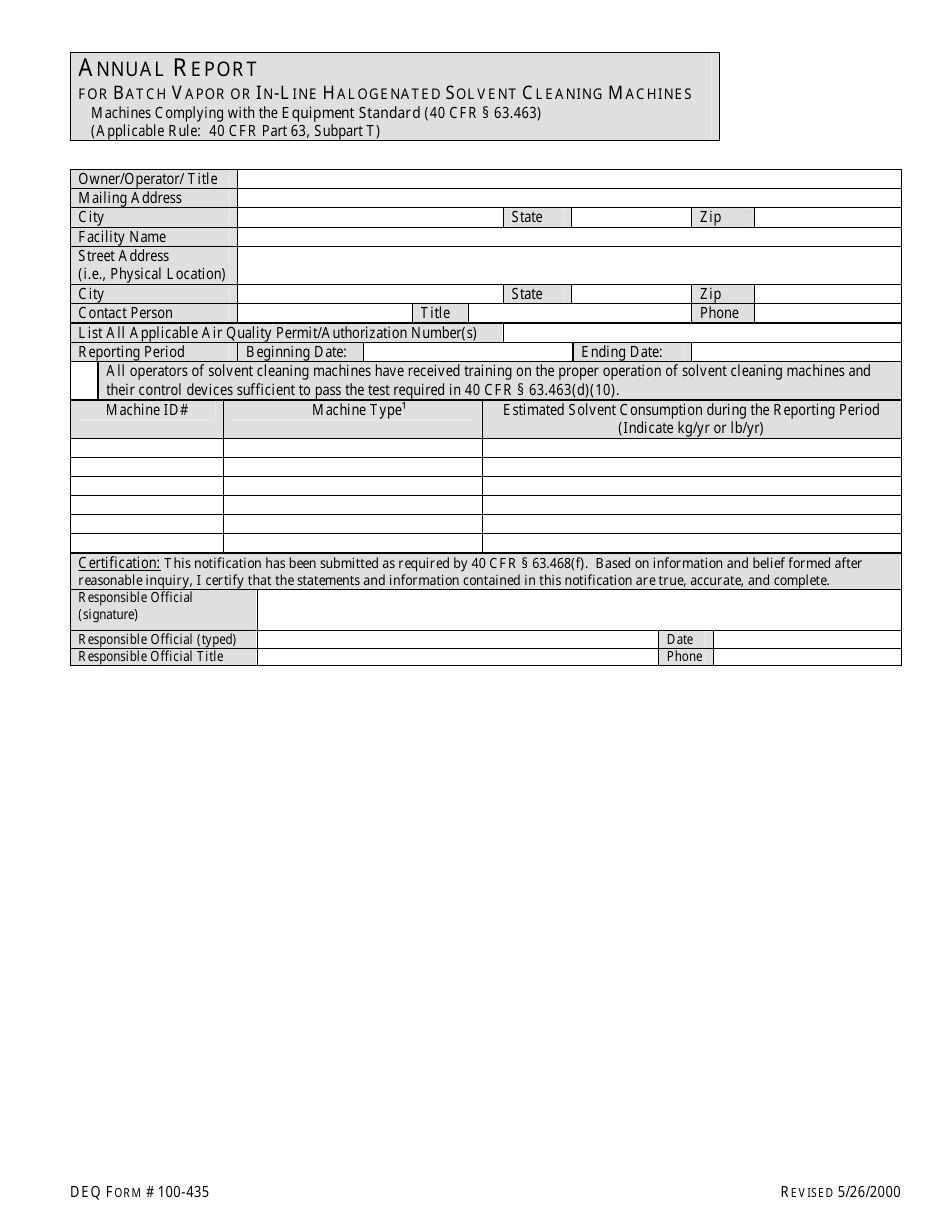 DEQ Form 100-435 Annual Report for Batch Vapor or in-Line Halogenated Solvent Cleaning Machines - Oklahoma, Page 1
