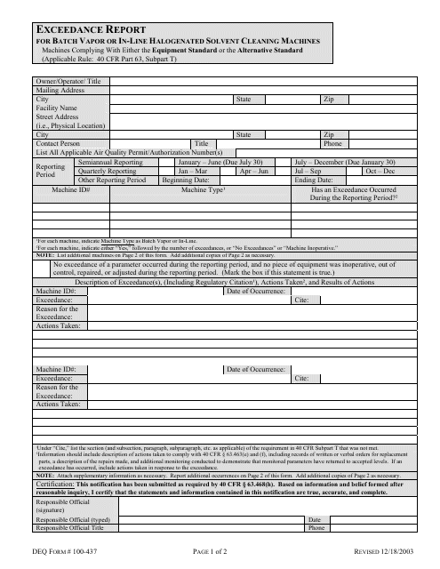 DEQ Form 100-437 Exceedance Report for Batch Vapor or in-Line Halogenated Solvent Cleaning Machines - Oklahoma