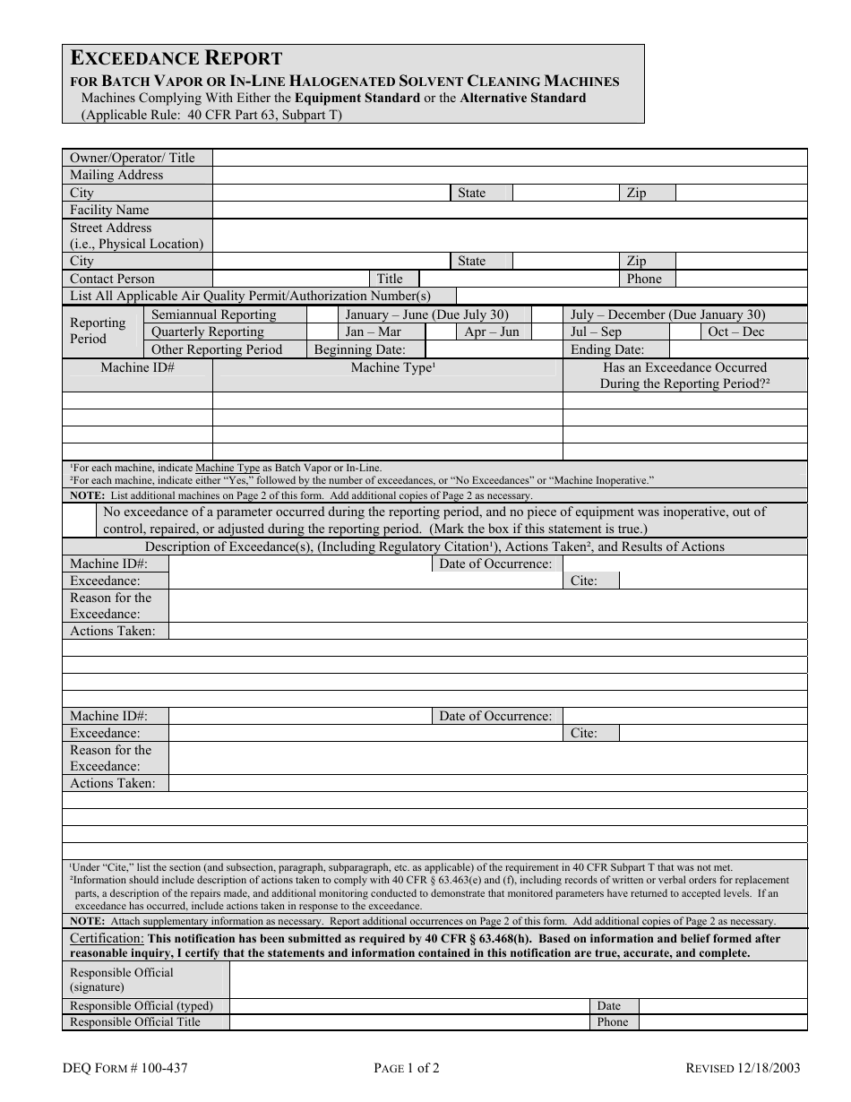 DEQ Form 100-437 - Fill Out, Sign Online and Download Printable PDF ...