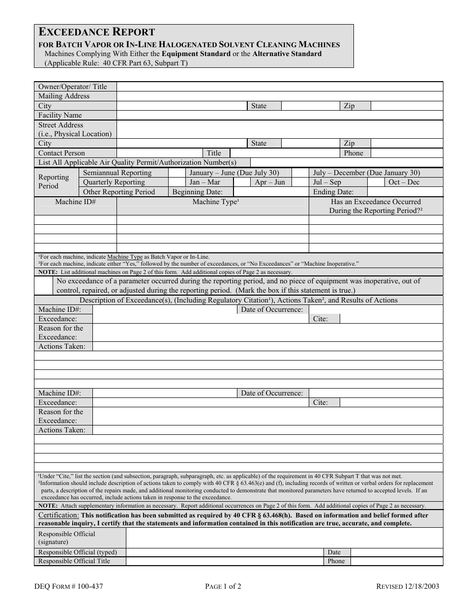 DEQ Form 100-437 Exceedance Report for Batch Vapor or in-Line Halogenated Solvent Cleaning Machines - Oklahoma, Page 1