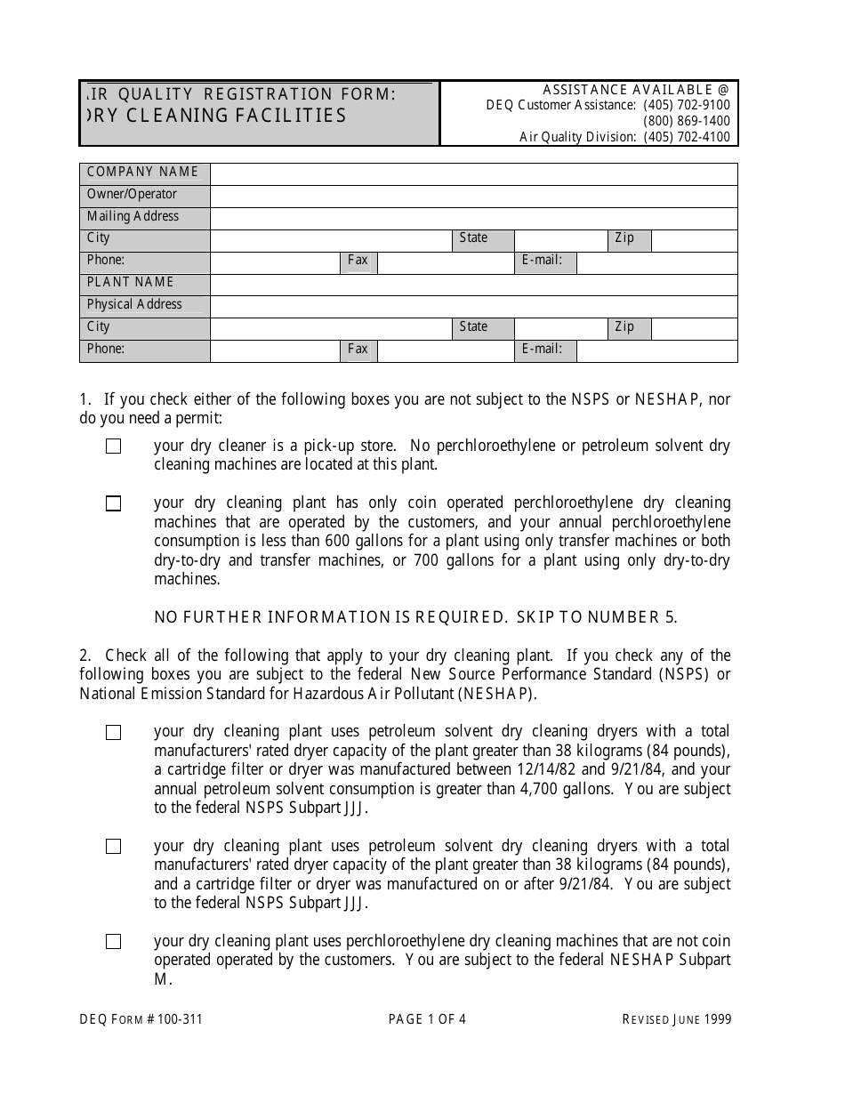 DEQ Form 100-311 Dry Cleaning Facilities Registration - Oklahoma, Page 1