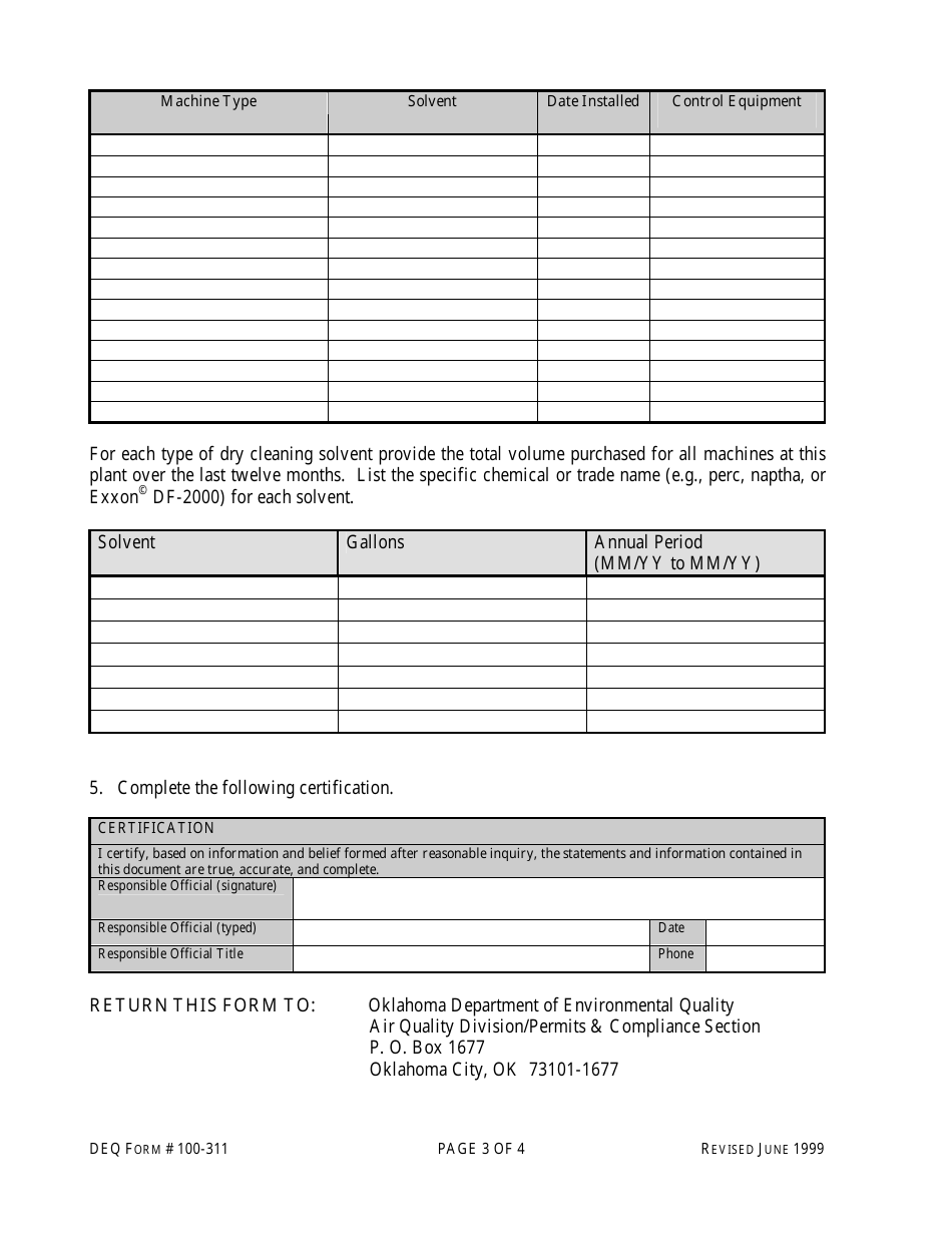 DEQ Form 100-311 Dry Cleaning Facilities Registration - Oklahoma, Page 3