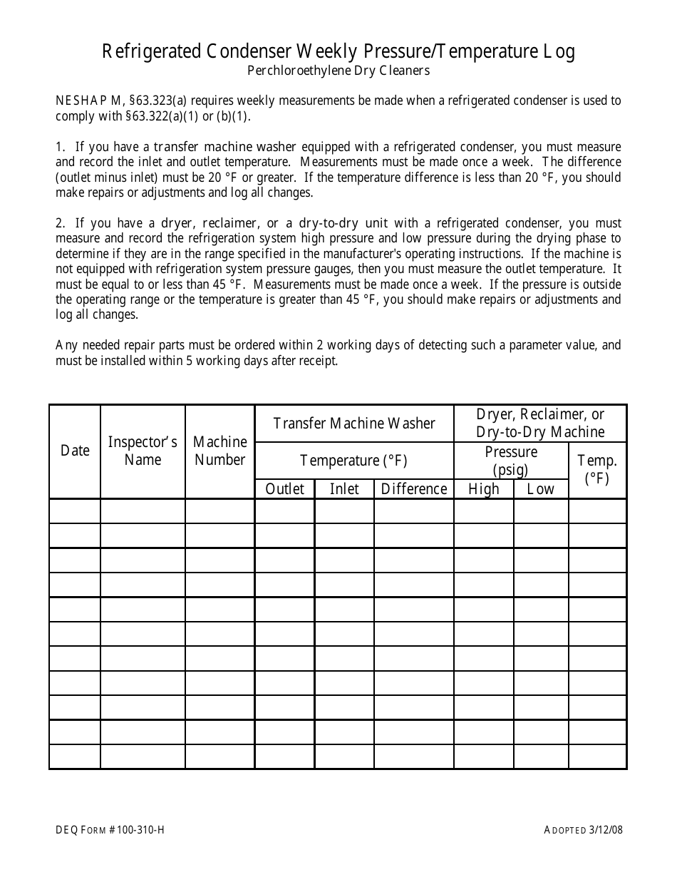 DEQ Form 100-310-H Refrigerated Condenser Weekly Pressure / Temperature Log - Oklahoma, Page 1