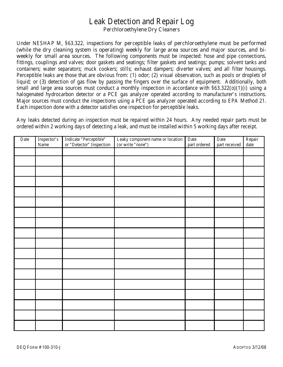 DEQ Form 100-310-J Leak Detection and Repair Log - Oklahoma, Page 1