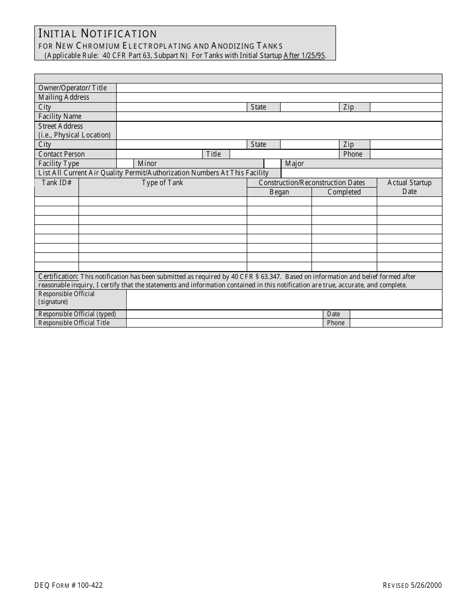 DEQ Form 100-422 Initial Notification for New Chromium Electroplating and Anodizing Tanks - Oklahoma, Page 1