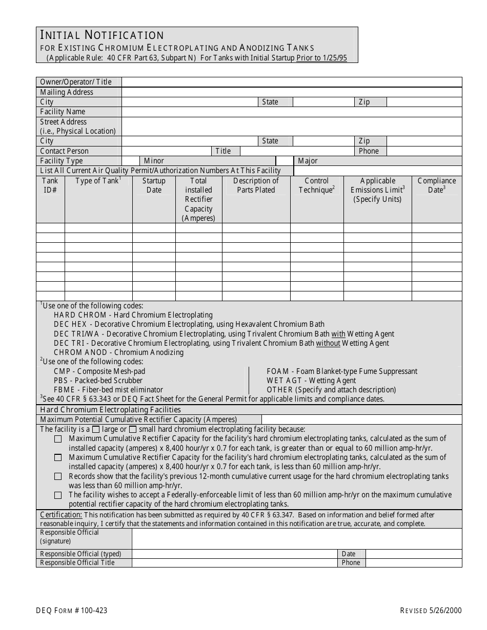 DEQ Form 100-423 Initial Notification for Existing Chromium Electroplating and Anodizing Tanks - Oklahoma, Page 1
