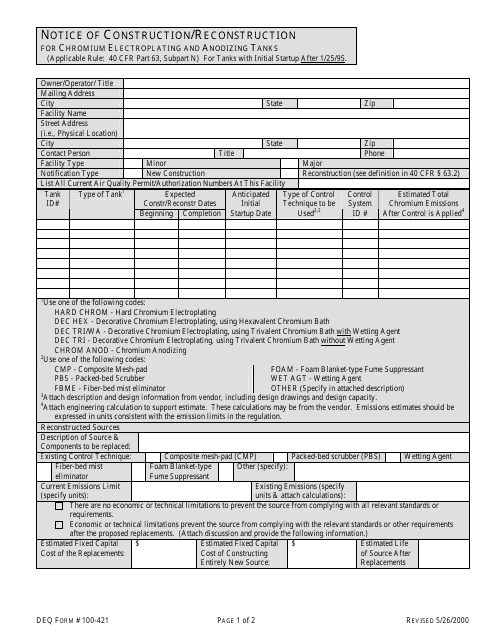 DEQ Form 100-421  Printable Pdf