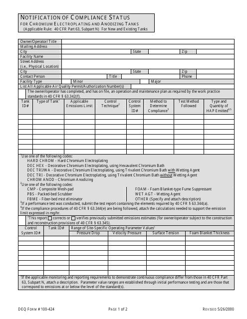 DEQ Form 100-424  Printable Pdf