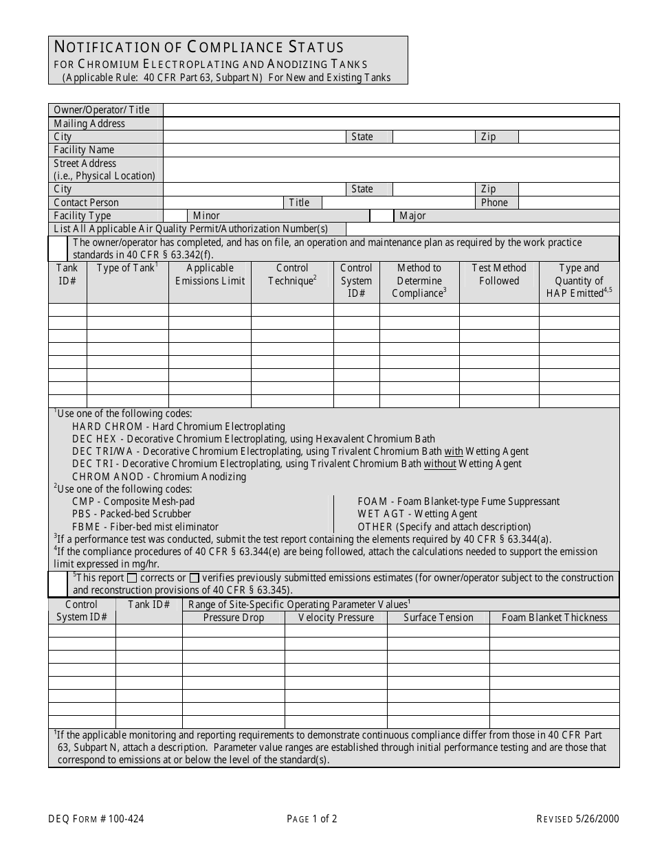 DEQ Form 100-424 Notification of Compliance Status for Chromium Electroplating and Anodizing Tanks - Oklahoma, Page 1
