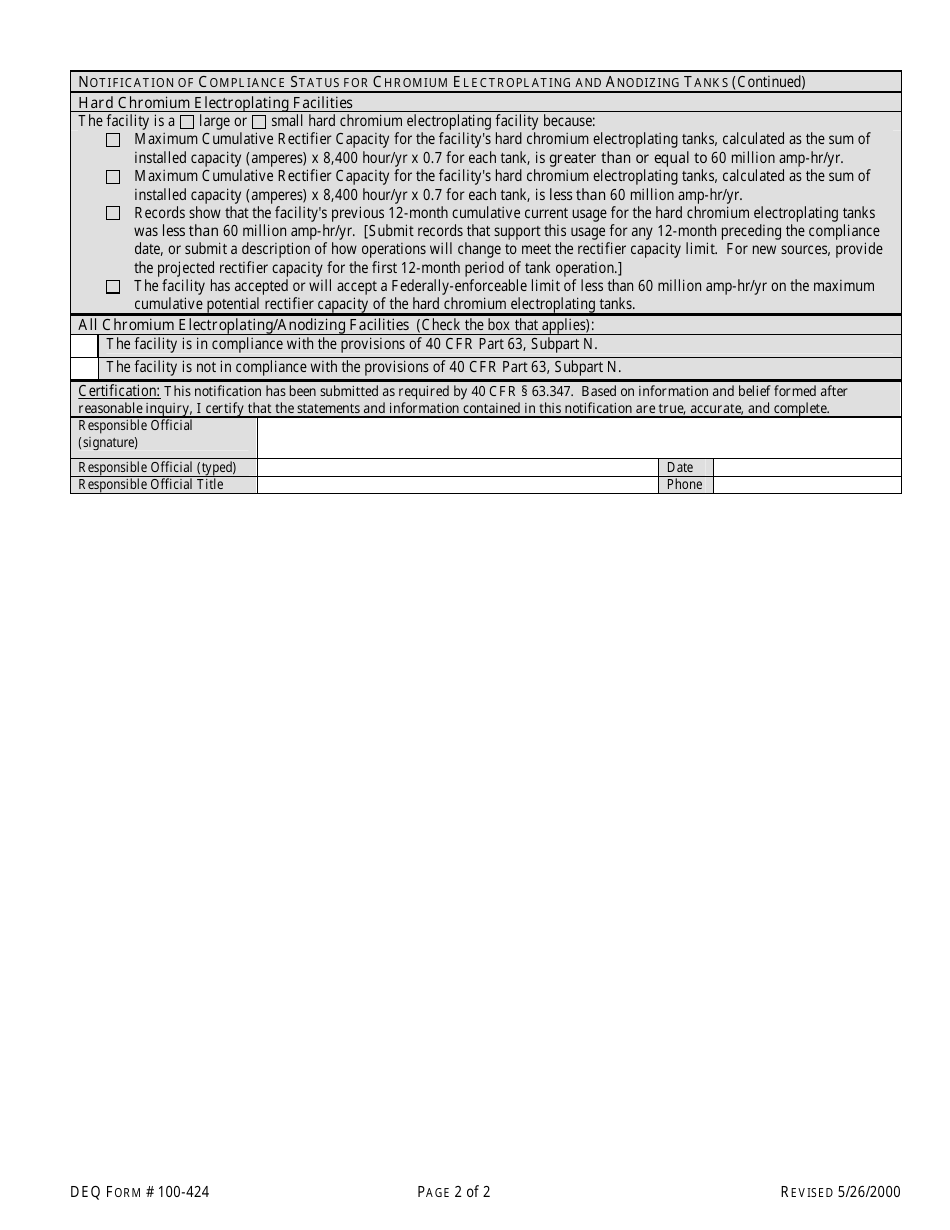 DEQ Form 100-424 Notification of Compliance Status for Chromium Electroplating and Anodizing Tanks - Oklahoma, Page 2