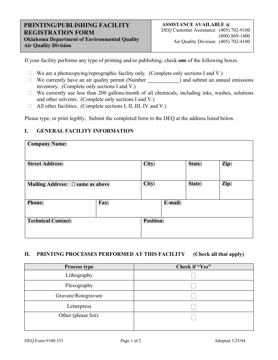 DEQ Form 100-351 Printing / Publishing Facility Registration Form - Oklahoma, Page 1