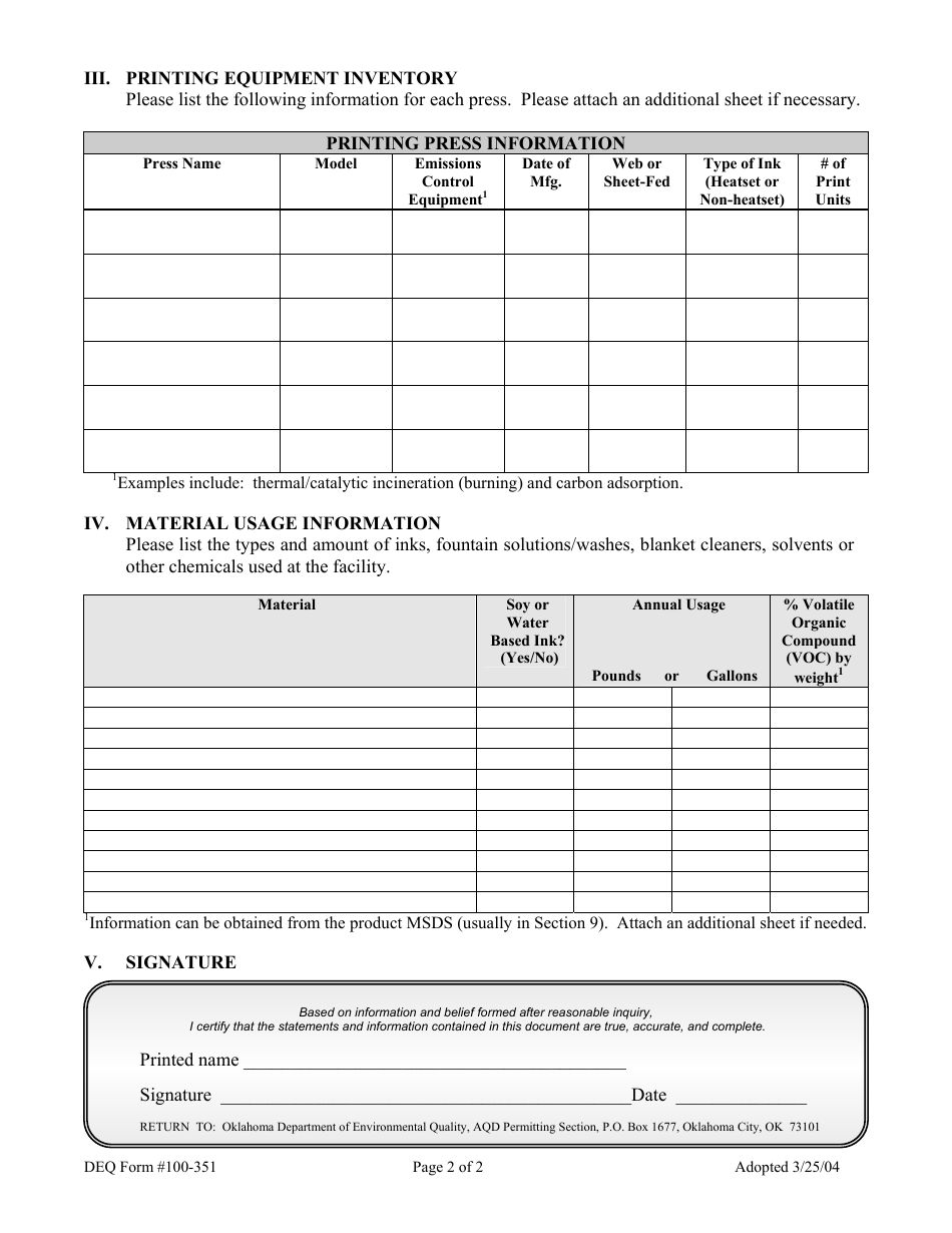 DEQ Form 100-351 Printing / Publishing Facility Registration Form - Oklahoma, Page 2