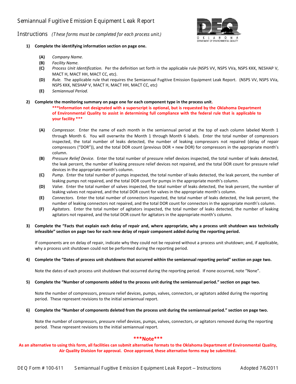 DEQ Form 100-611 Semiannual Fugitive Emission Equipment Leak Report - Oklahoma, Page 1