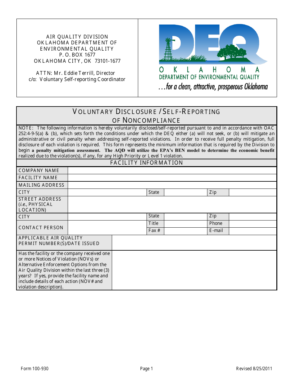DEQ Form 100930 Fill Out, Sign Online and Download Printable PDF
