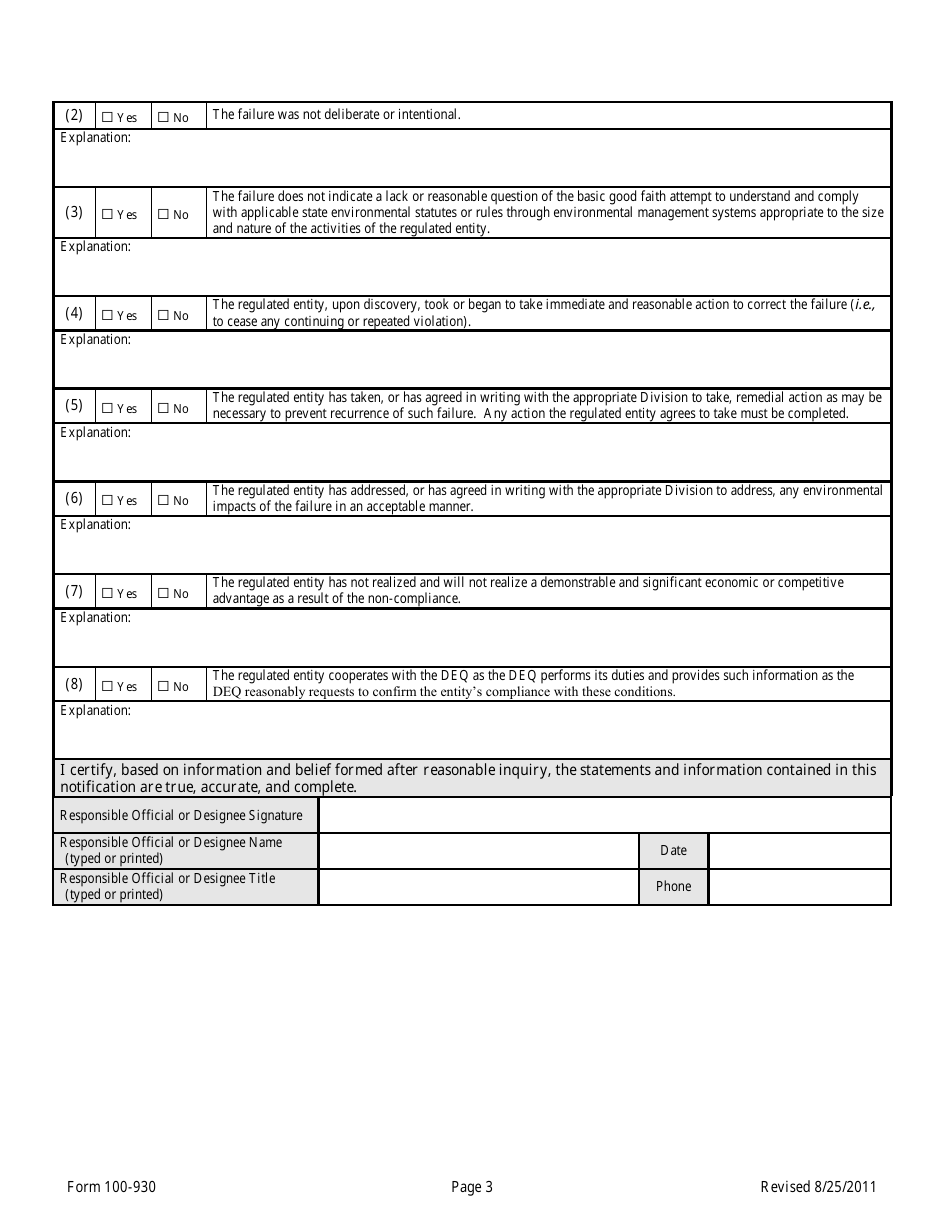 DEQ Form 100-930 Voluntary Disclosure / Self-reporting of Noncompliance - Oklahoma, Page 3
