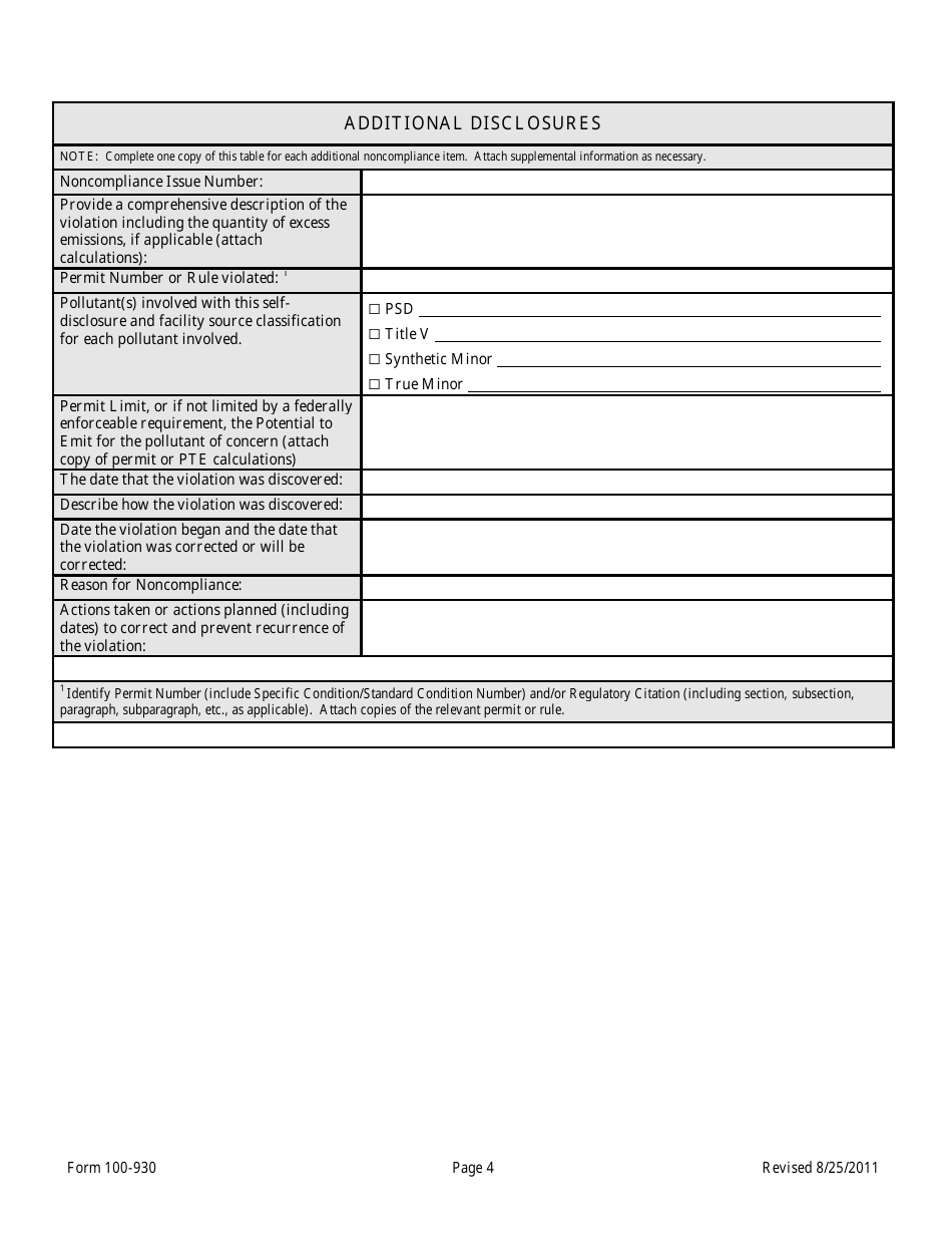 DEQ Form 100-930 Voluntary Disclosure / Self-reporting of Noncompliance - Oklahoma, Page 4