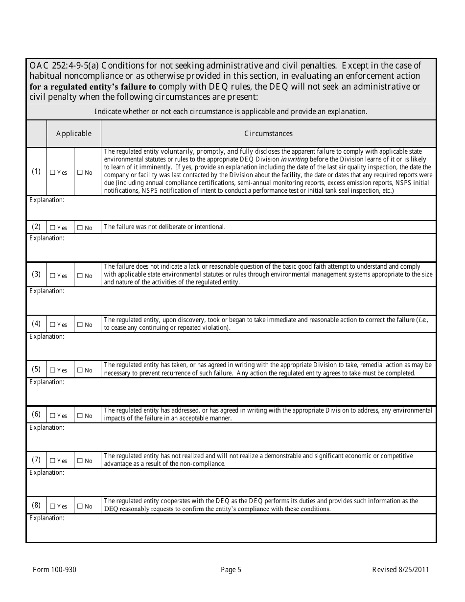 DEQ Form 100-930 Voluntary Disclosure / Self-reporting of Noncompliance - Oklahoma, Page 5