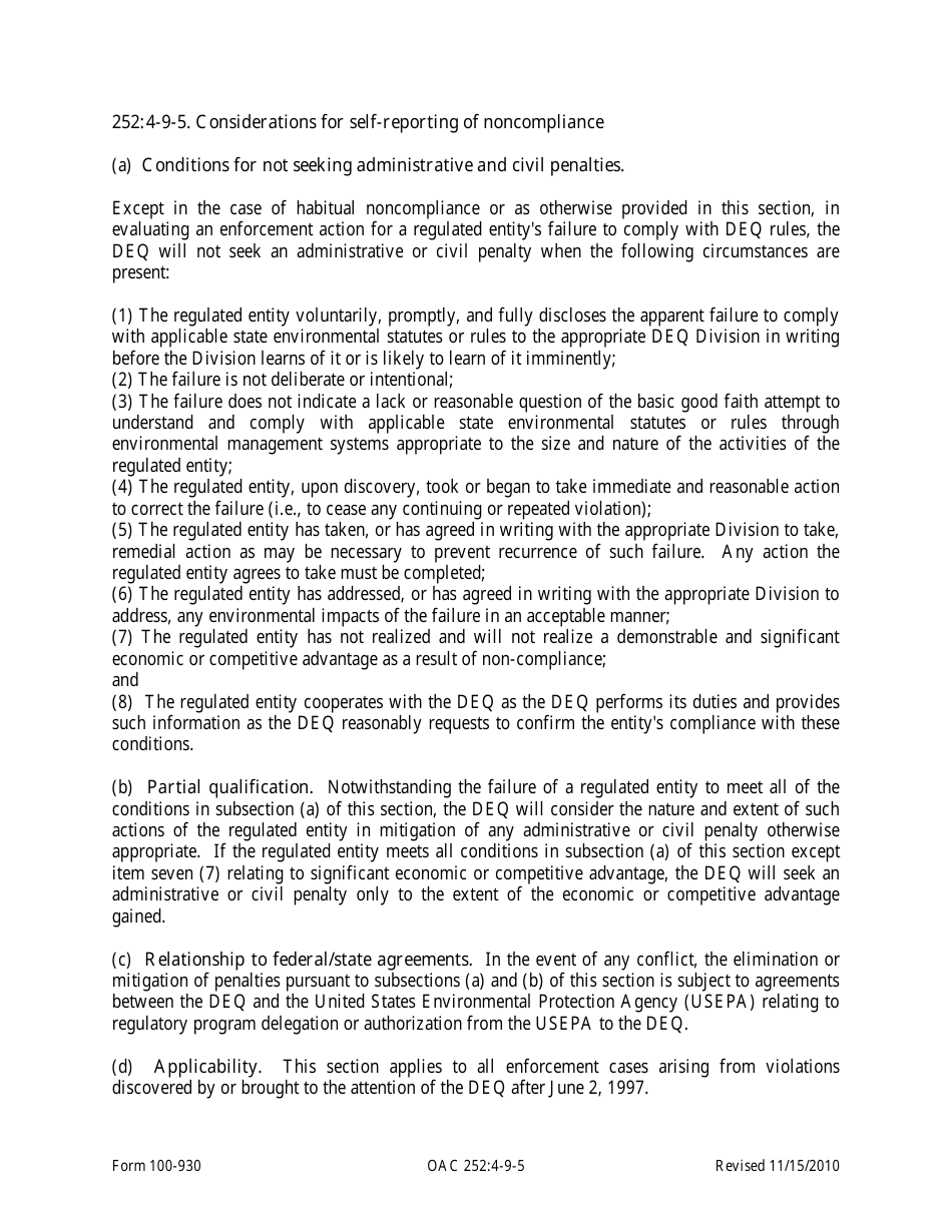 DEQ Form 100-930 Voluntary Disclosure / Self-reporting of Noncompliance - Oklahoma, Page 6