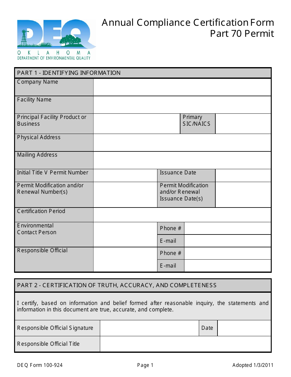 DEQ Form 100-924 Annual Compliance Certification Form - Oklahoma, Page 1