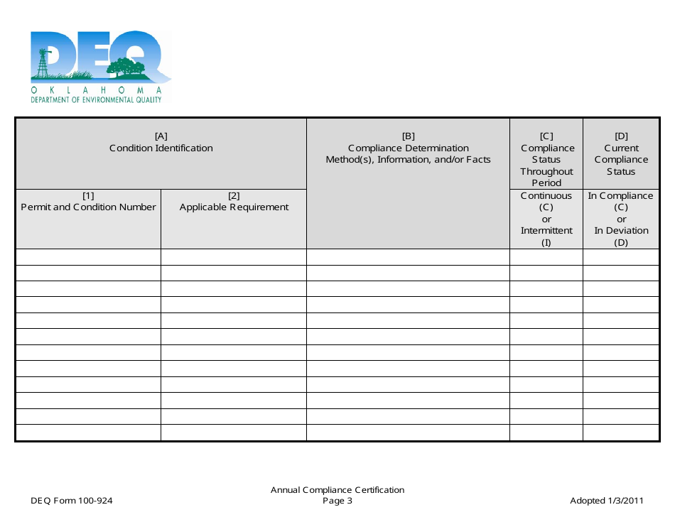 DEQ Form 100-924 Annual Compliance Certification Form - Oklahoma, Page 3