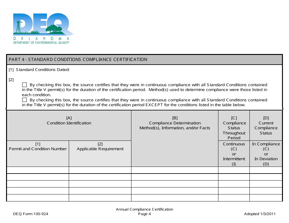 DEQ Form 100-924 Annual Compliance Certification Form - Oklahoma, Page 4