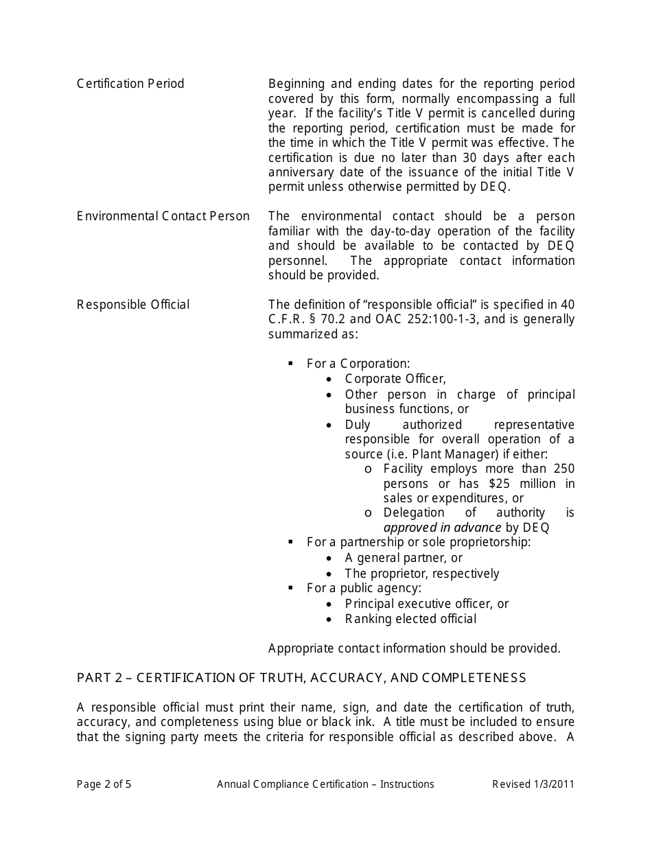 Instructions for DEQ Form 100-924 Annual Compliance Certification Form - Oklahoma, Page 2