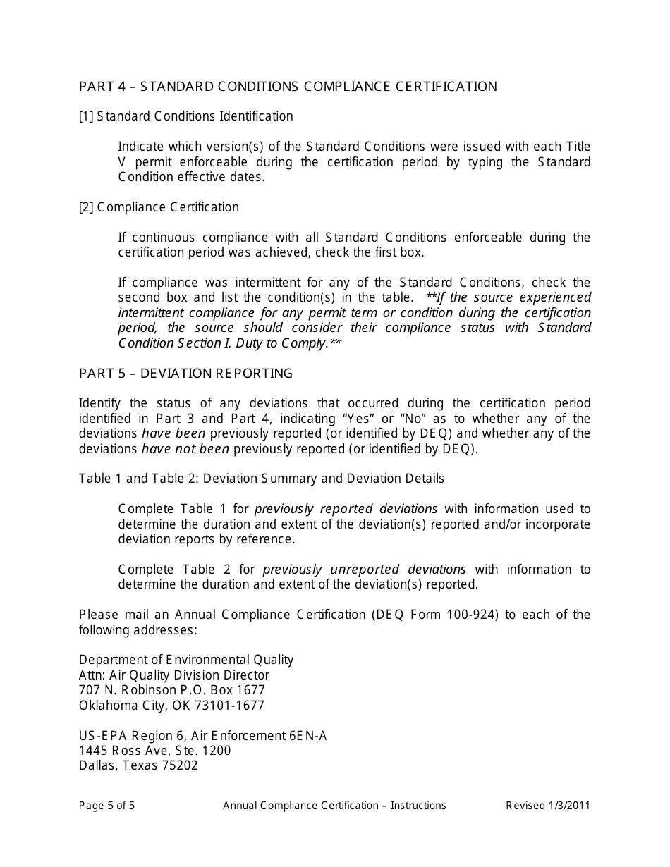 Instructions for DEQ Form 100-924 Annual Compliance Certification Form - Oklahoma, Page 5