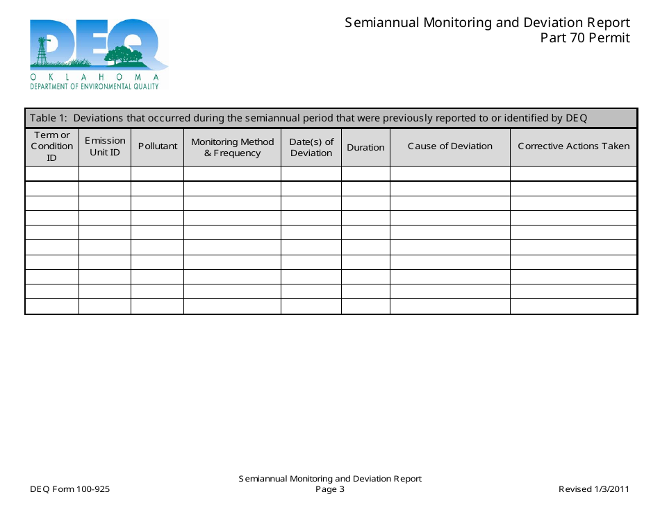 DEQ Form 100-925 Semiannual Monitoring and Deviation Report - Oklahoma, Page 3