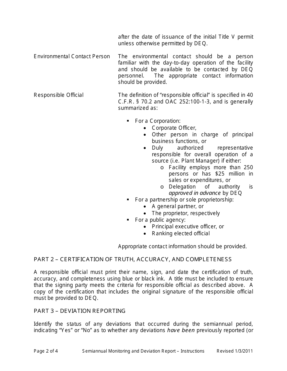Instructions for DEQ Form 100-925 Semiannual Monitoring and Deviation Report - Oklahoma, Page 2