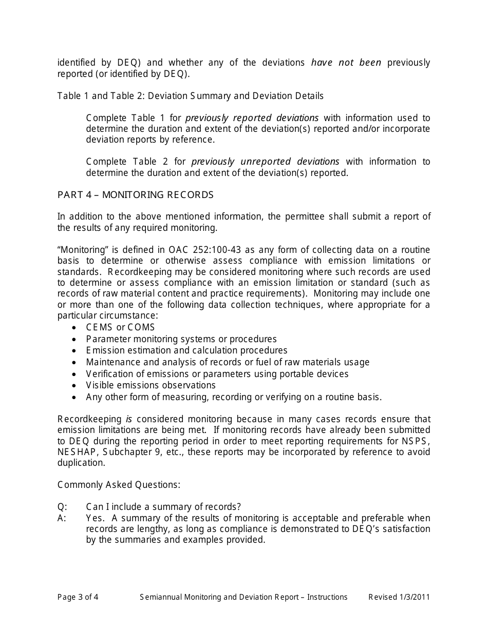 Instructions for DEQ Form 100-925 Semiannual Monitoring and Deviation Report - Oklahoma, Page 3
