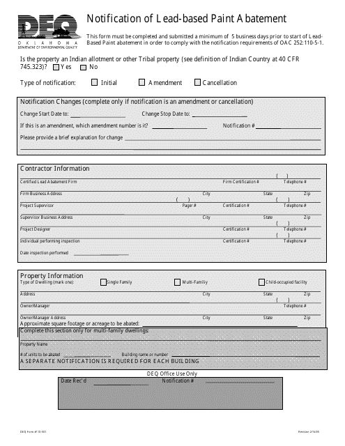 DEQ Form 110-501 Notification of Lead-Based Paint Abatement - Oklahoma