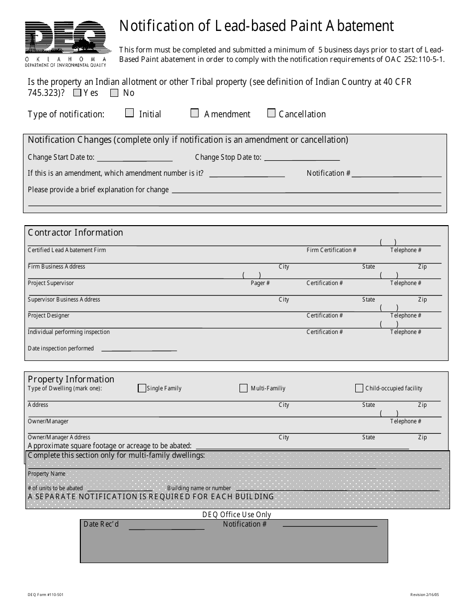 DEQ Form 110-501 Notification of Lead-Based Paint Abatement - Oklahoma, Page 1