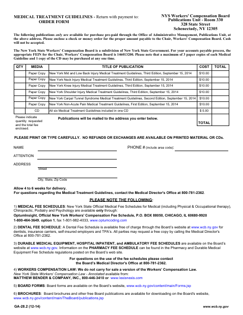 Form GA-28.2 Medical Treatment Guidelines Order Form - New York